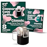 Copper Cow Coffee Vietnamese Pour Over Single Serve Dark Roast 8pk | Black ground pour over pouches with rich, bold, low acid coffee. Travel friendly&mdash;tear, hang, pour hot water, enjoy anywhere