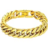 8/12/17mm Wide Cuban Link Bracelet for Men Father Gift 18K Gold/Black Plated Stainless Steel Bracelets 7.4-9 Inches(Gift Wrapped)