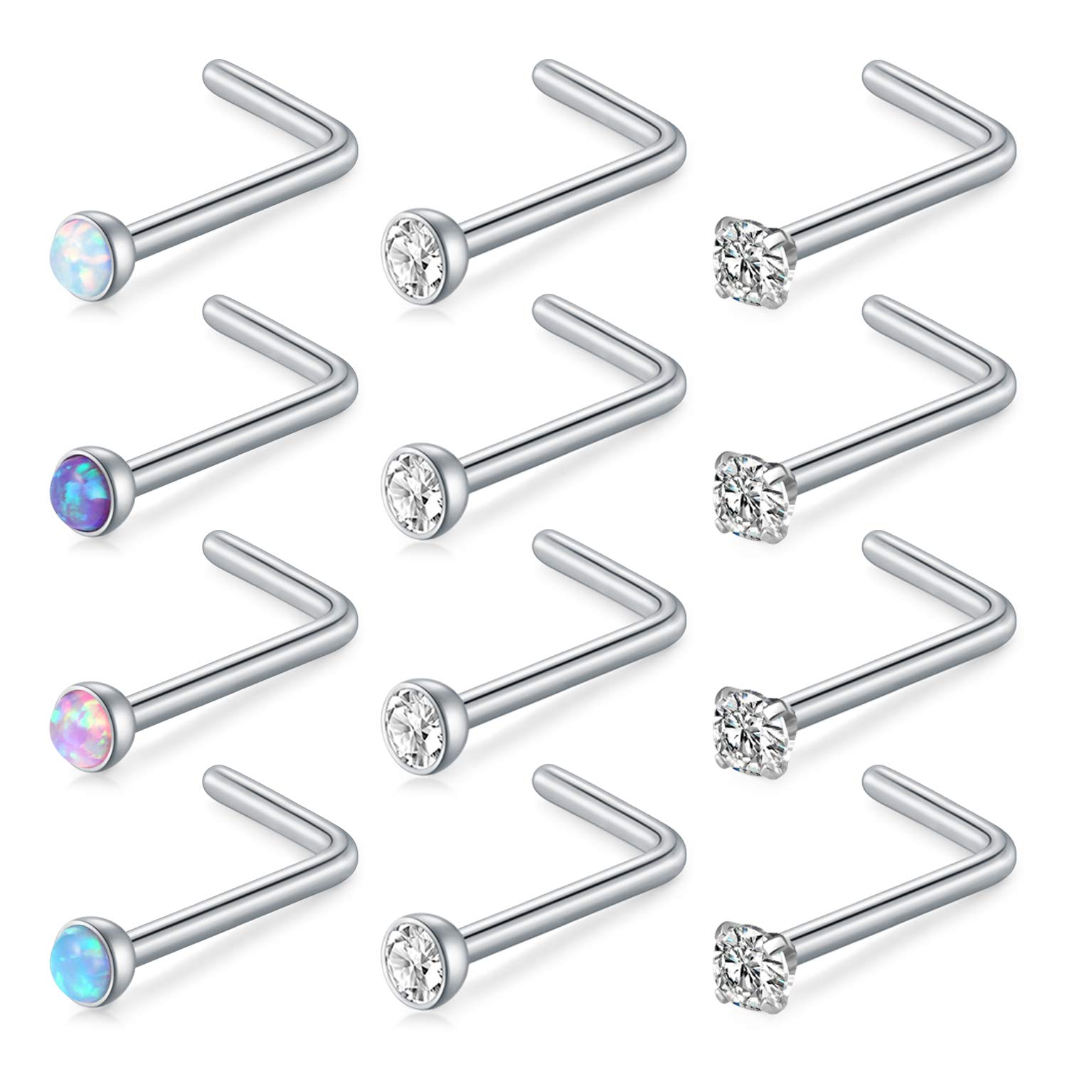Rajnard 18G Nose Rings Nose Studs Piercing 316L Surgical Steel 2mm Jeweled Opal & Clear CZ L-Shaped Body Piercing Jewelry 12PCS