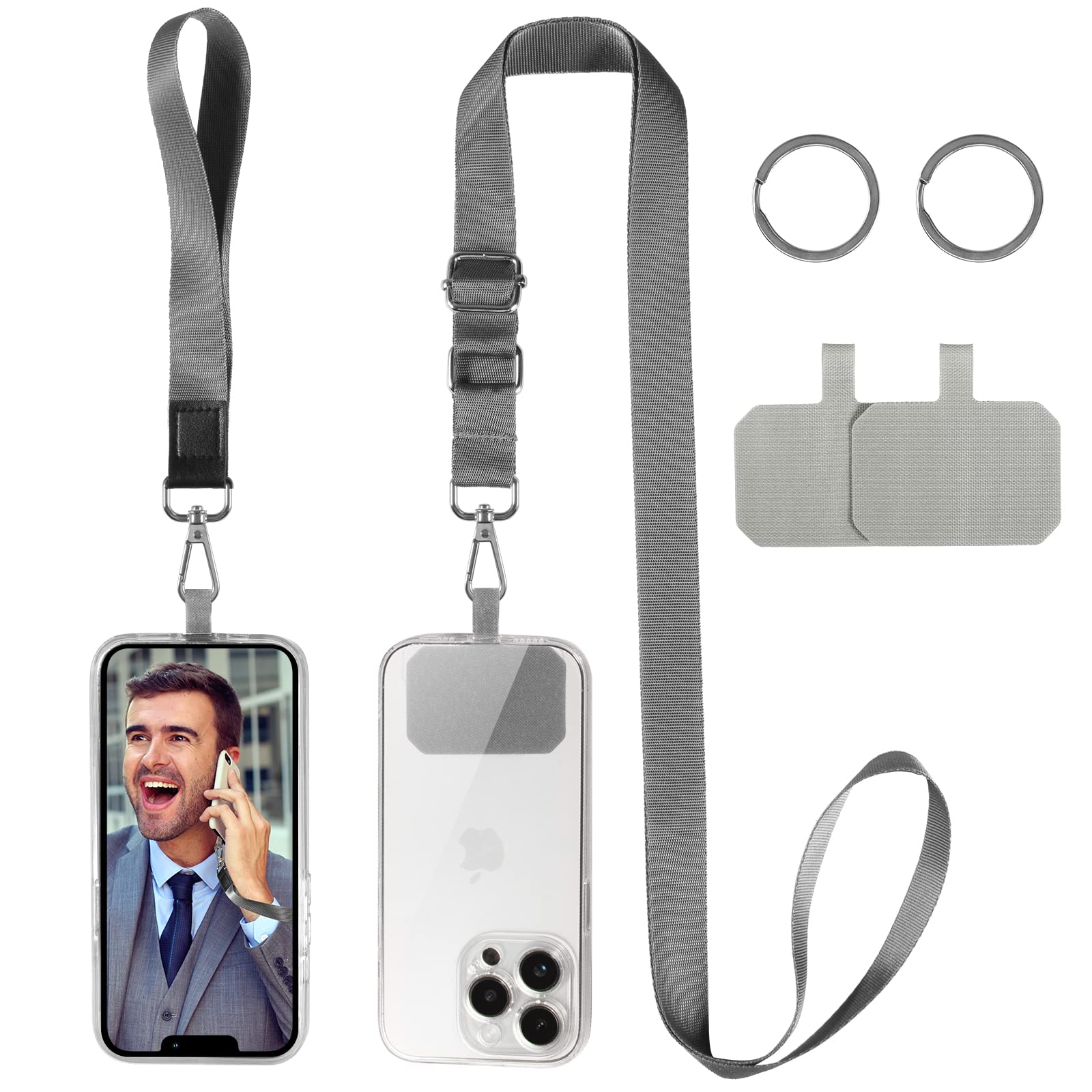 DGHYDZ Cell Phone Lanyard, Universal Crossbody Lanyards Adjustable Shoulder Neck Strap with wrist lanyard, 2 Key Rings, 2 Phone Tether Pads Compatible Most Smartphones (Light Grey)