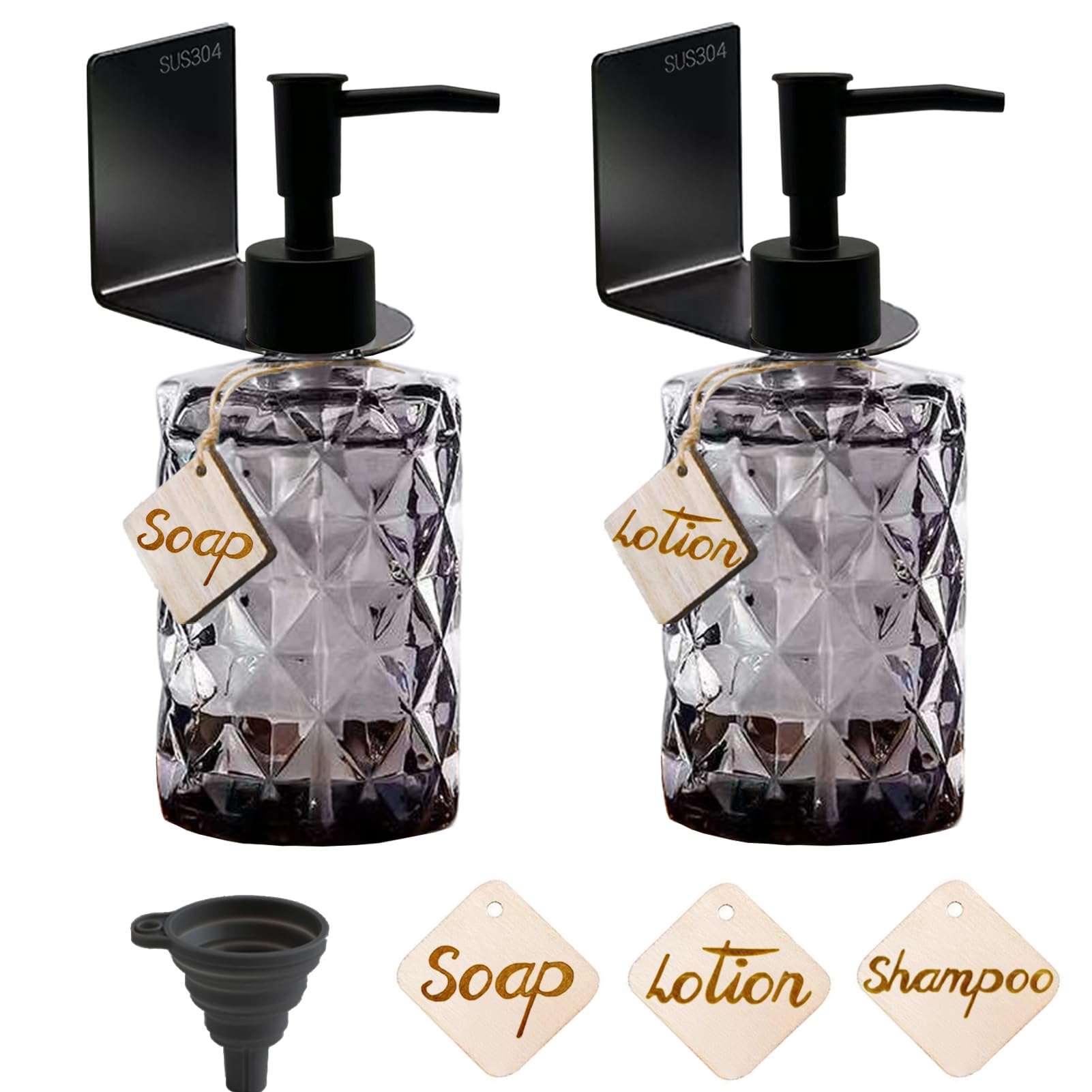 Set of 2 Glass Soap Dispensers, Wall Mounted, Vintage Soap Dispenser Black with Wooden Labels, 330 ml Hand Soap Dispenser, Washing Up Liquid Dispenser, Soap Dispenser for Bathroom, Kitchen