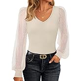 ZESICA Women's Mesh Puff Long Sleeve Shirts 2026 Spring Fall V Neck Ribbed Knit Sexy Going Out Tops Casual Work Blouse
