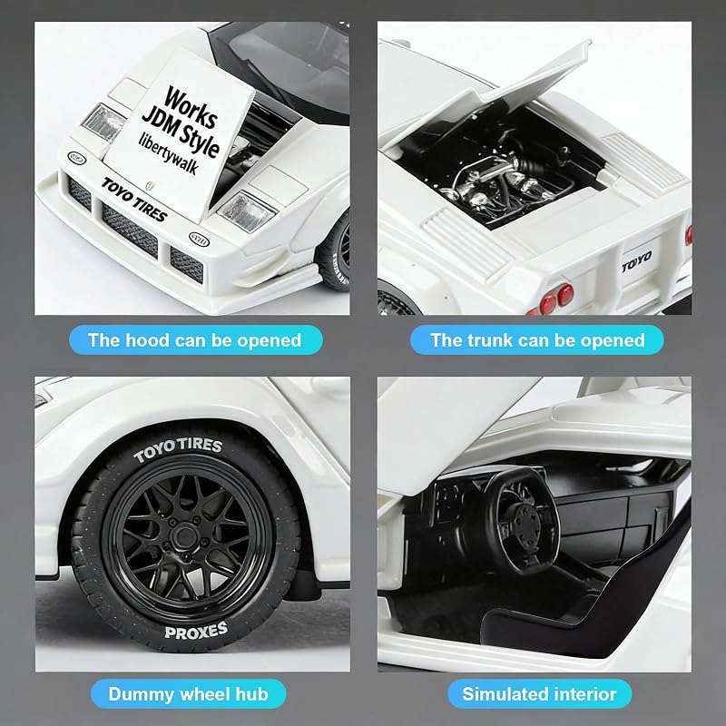Modelo de Carro Lamborghini LBWK Countach 1/32, Veículos de Retirada de Liga de Zinco Modelo de Carro com Som e Luz para Colecionadores e Crianças Presente de Aniversário de 3 Anos (Branco)