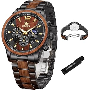 OLEVS Men's Watch Luxury Chronograph Moon Phase Waterproof Watches Gift Men | Big Face Calendar Dress Wooden Metal Quartz Wat