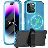 CONWOE Magnetic for iPhone 14 Pro Case,with Belt Clip,[Compatible with Magsafe] W/Tempered Glass Screen Protector,Anti-Drop,Shockproof,Heavy Duty Protection (Lake Blue)