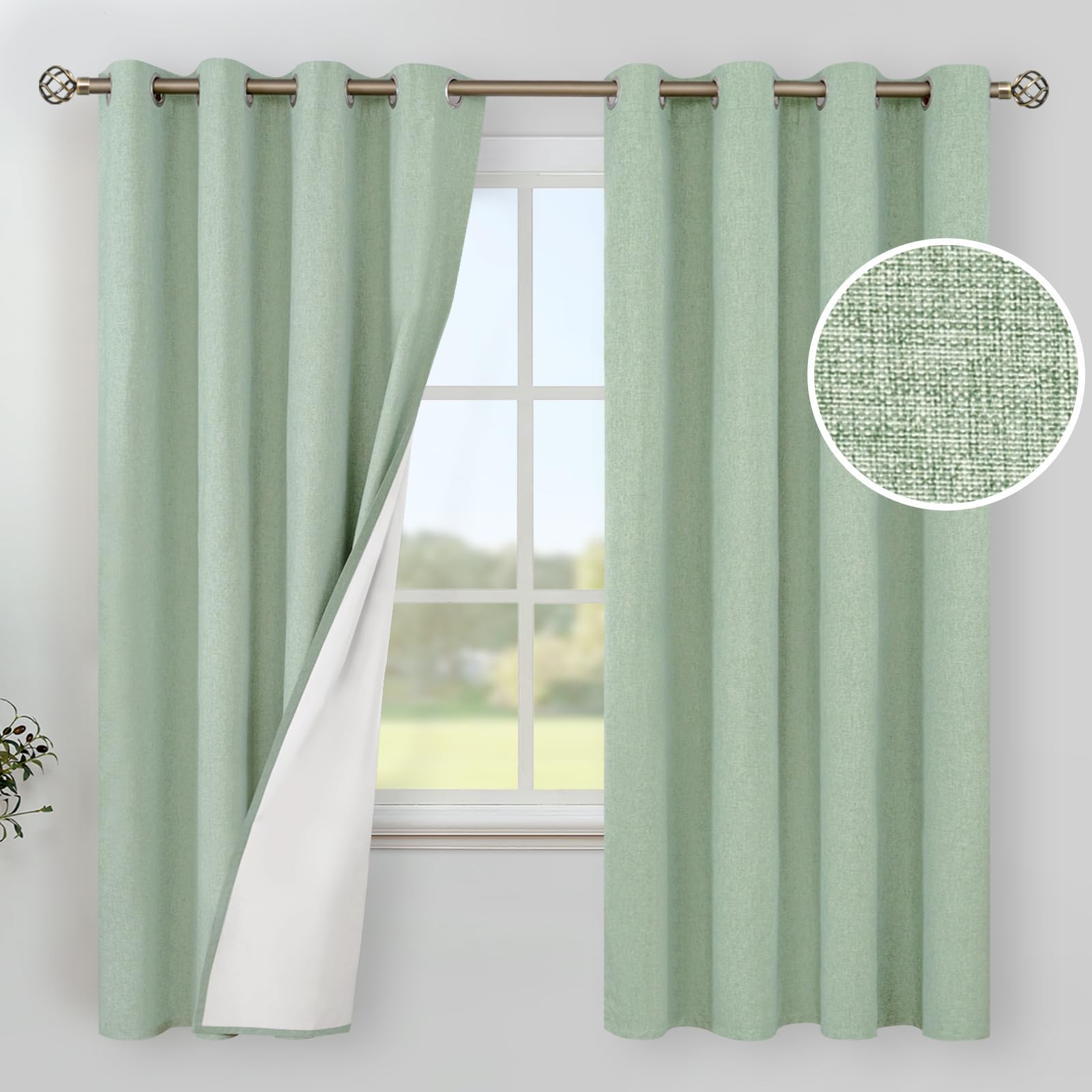 YoungsTex Light Green Linen Blackout Curtains for Bedroom 63 Inches Long - Thermal Insulated Drapes with Grommet Room Darkening Boho Spring Decor for Living Room Window, 2 Panels, 52 X 63 Inch Image