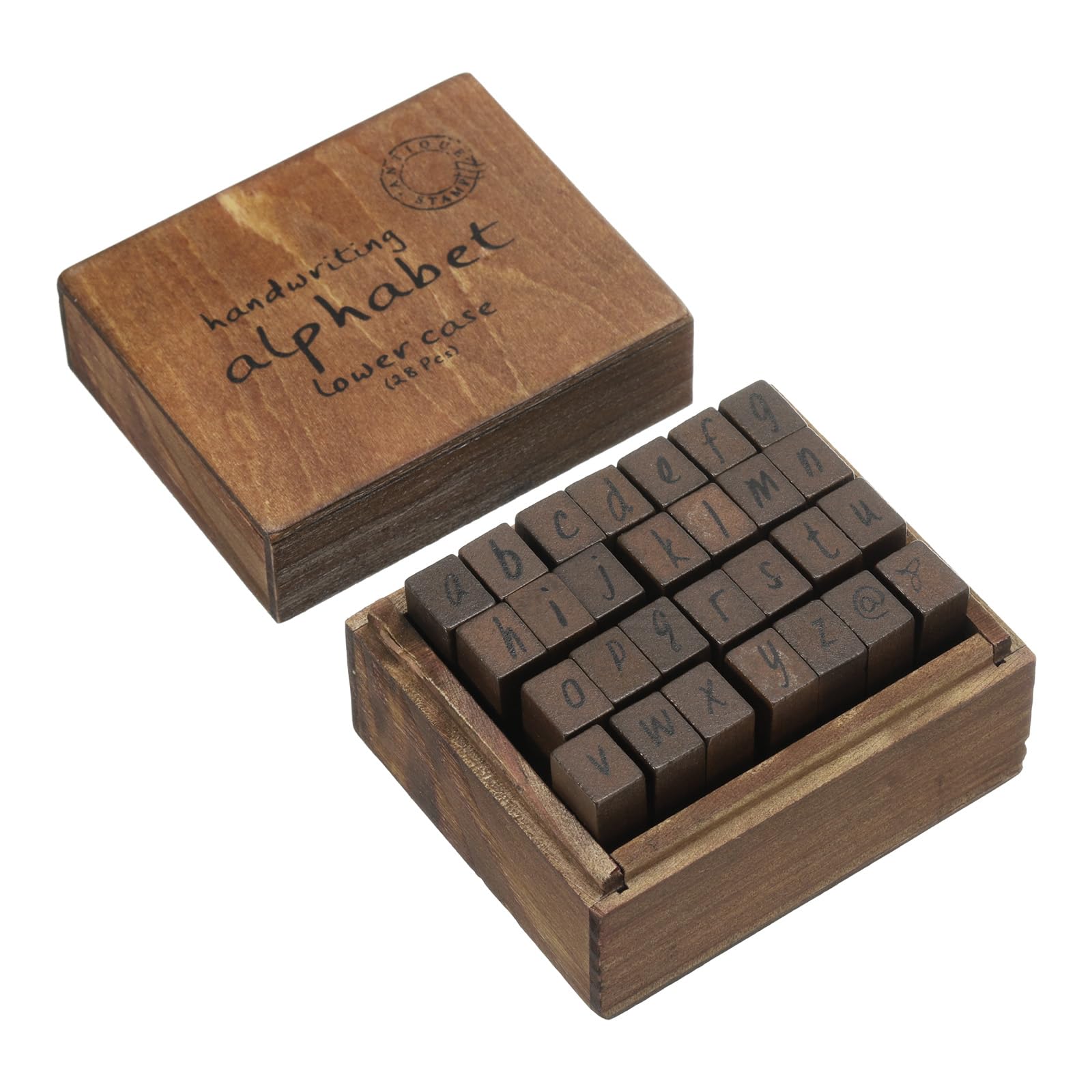 PATIKIL Letter Rubber Stamps, 28Pcs 1 Set Lowercase Handwriting Wood Alphabet Stamps Wooden Letter Stamp with Vintage Box for DIY Craft Card Making