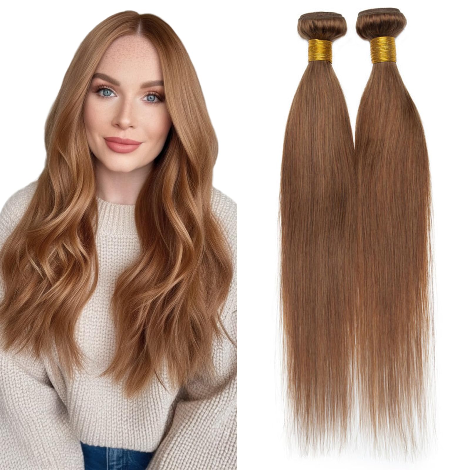Benehair #6 Light Brown Hair Wefts Real Human Hair Bundles Weaves Invisible Full Head Straight 20 Inch 100g Double Weft Hair Extensions Soft & Natural