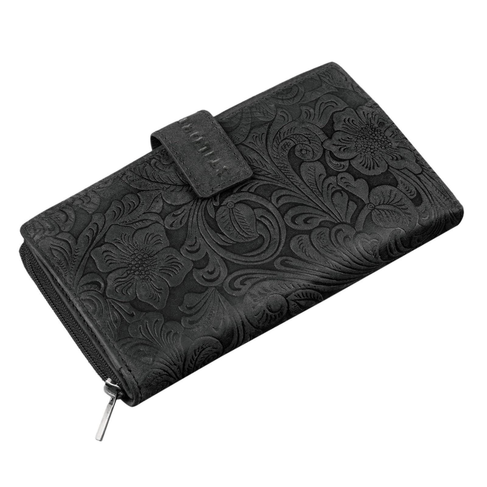 STILORD 'Greta' Vintage Leather Purse Wallet with Flower Embossment with Coin Storage 13 EC-Cards Horizontal Cow Hide Leather, Colour:Black Floral