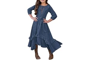 MITILLY Girls Loose Plain 3/4 Sleeve Casual Pocket Ruffle Swing Long Maxi Dress with Belt
