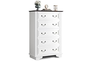 WLIVE Farmhouse Dresser for Bedroom, Wood Dresser with 5 Drawer, Chest of Drawers with Roman Metal Handle for Living Room, White