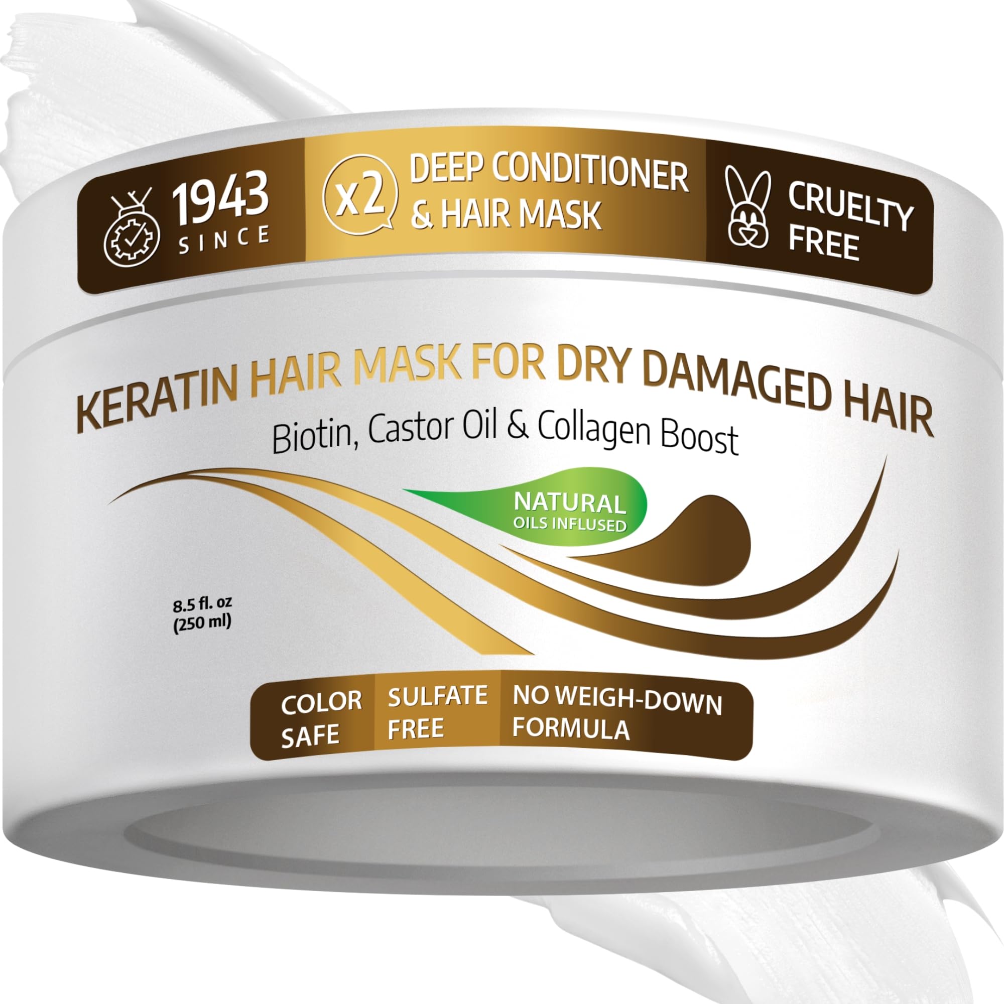 VITAMINS hair cosmetics Keratin Hair Mask - Protein Repair Keratin Treatment - Deep Conditioner for Dry, Damaged, Curly, Straight & Frizzy Hair with Biotin, Collagen & Castor Oil - 8.5 Fl Oz