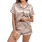 GSKS Silk Pajama Set For Women Short Sleeve 2Pcs Pj Sets Satin Pajamas Button Down Loungewear Lightweight Summer Sleepwear