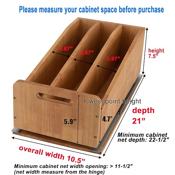 DINDON PULL OUT CABINET ORGANIZER FOR PANS, COOKIE SHEET, BAKEWARE, CUTTING BOARD, SLIDE OUT KITCHEN CABINET STORAGE ORGANIZER RACK, 10.5”W X 21″D X 7.5″H, WOOD