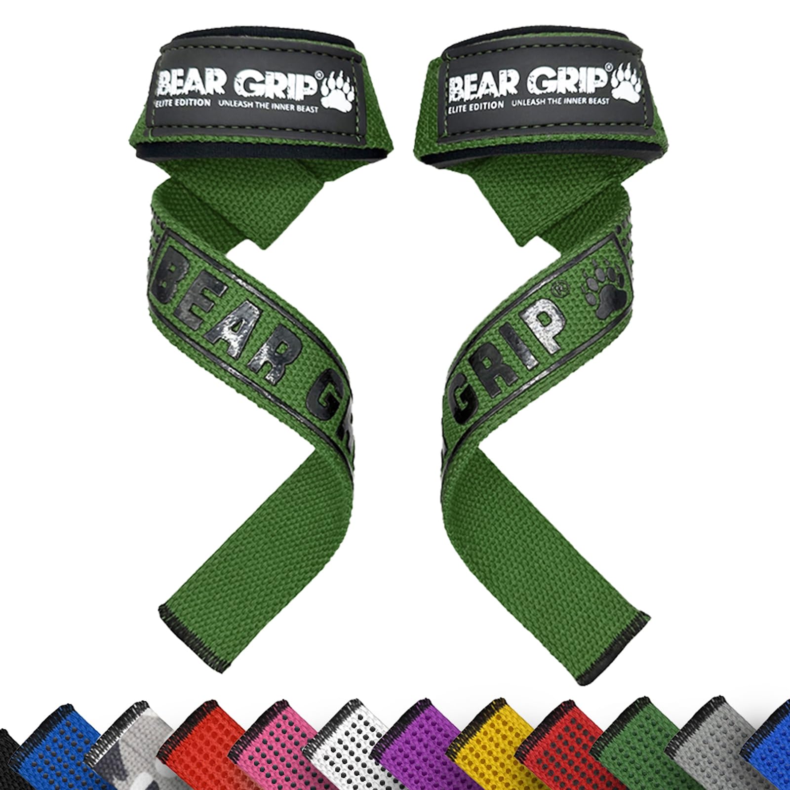 BEAR GRIP Straps - Premium Neoprene Padded Heavy Duty Double Stitched Weight Lifting Gym Straps, Deadlift, Gym Accessories for Men and Women, Advanced Gel Grip, 100% cotton, Extra long length (Khaki)