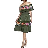 YZXDORWJ Mexican Dress for Women Embroidered Traditional Boho Theme Fiesta Floral Lace Off-Shoulder Ruffle Party Dress
