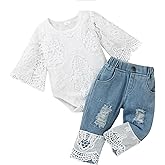Tikoubabe Baby Girl Clothes Toddler Outfit Infant White Lace Romper Long Sleeve + Jeans Pants Clothing Set