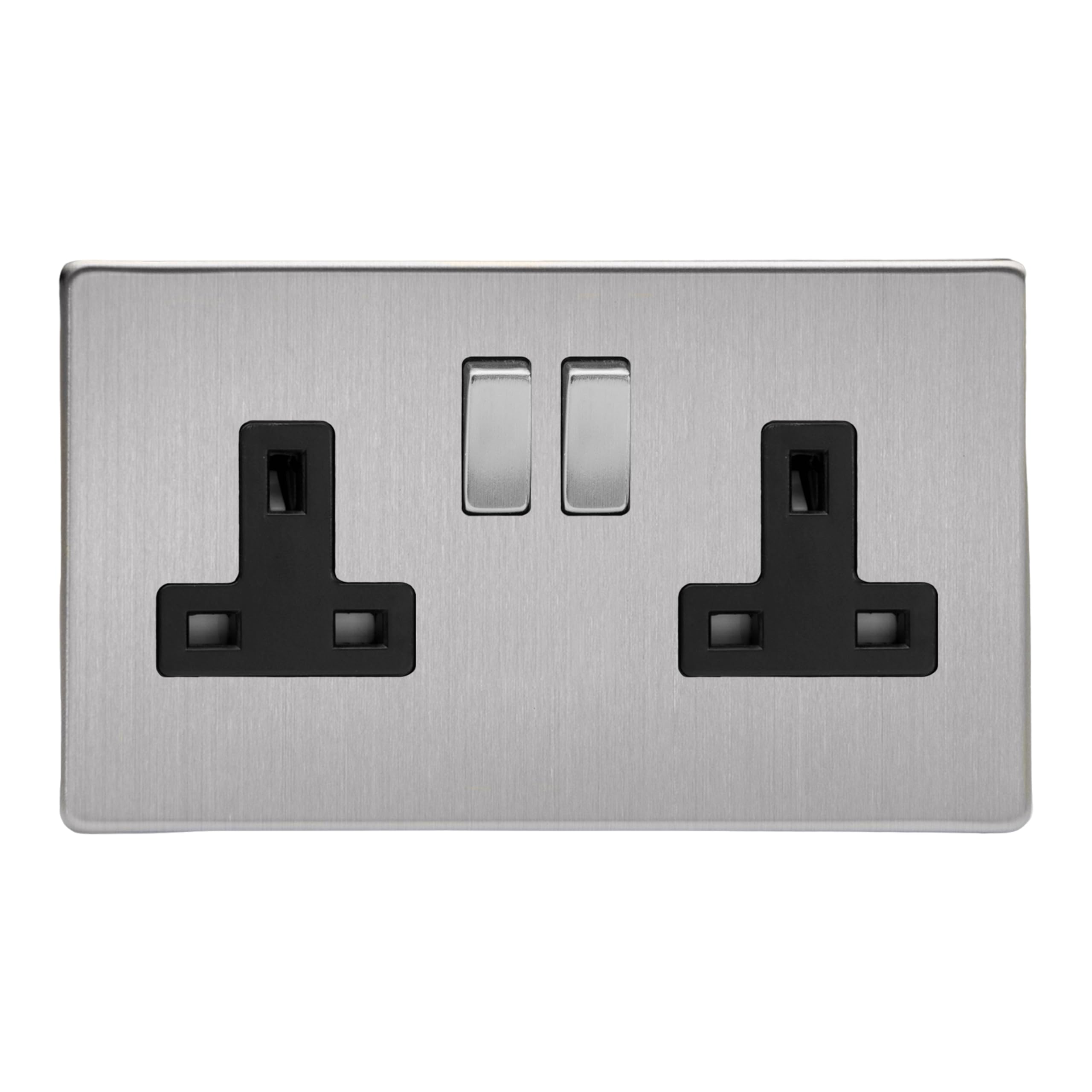 Varilight Double Switched Socket - Screwless Brushed Steel With Brushed Steel/Black Insert