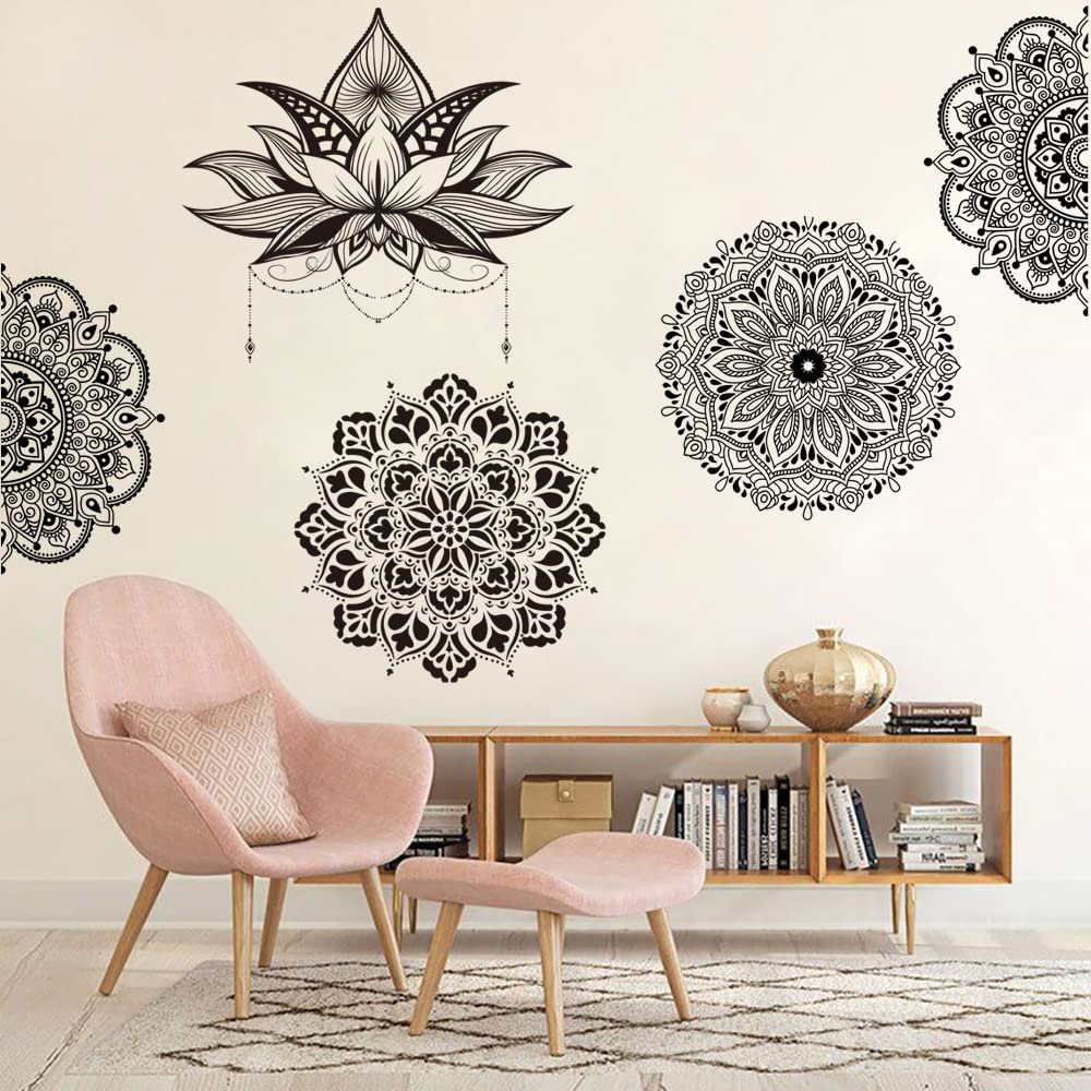 Runtoo Mandala Flower Wall Art Sticker Black Boho Lotus Floral Wall Decal for Living Room Bedroom Yoga Headboard India Decor
