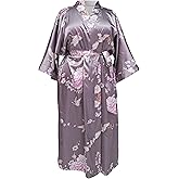 RED DOT BOUTIQUE 696 Plus Size Women's Smooth Satin Silky 3/4 Sleeves Kimono Long Robe Crane Floral