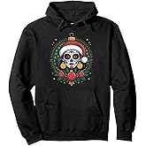 Christmas Sugar Skull Art Woman Santa Hat Festive Design Pullover Hoodie
