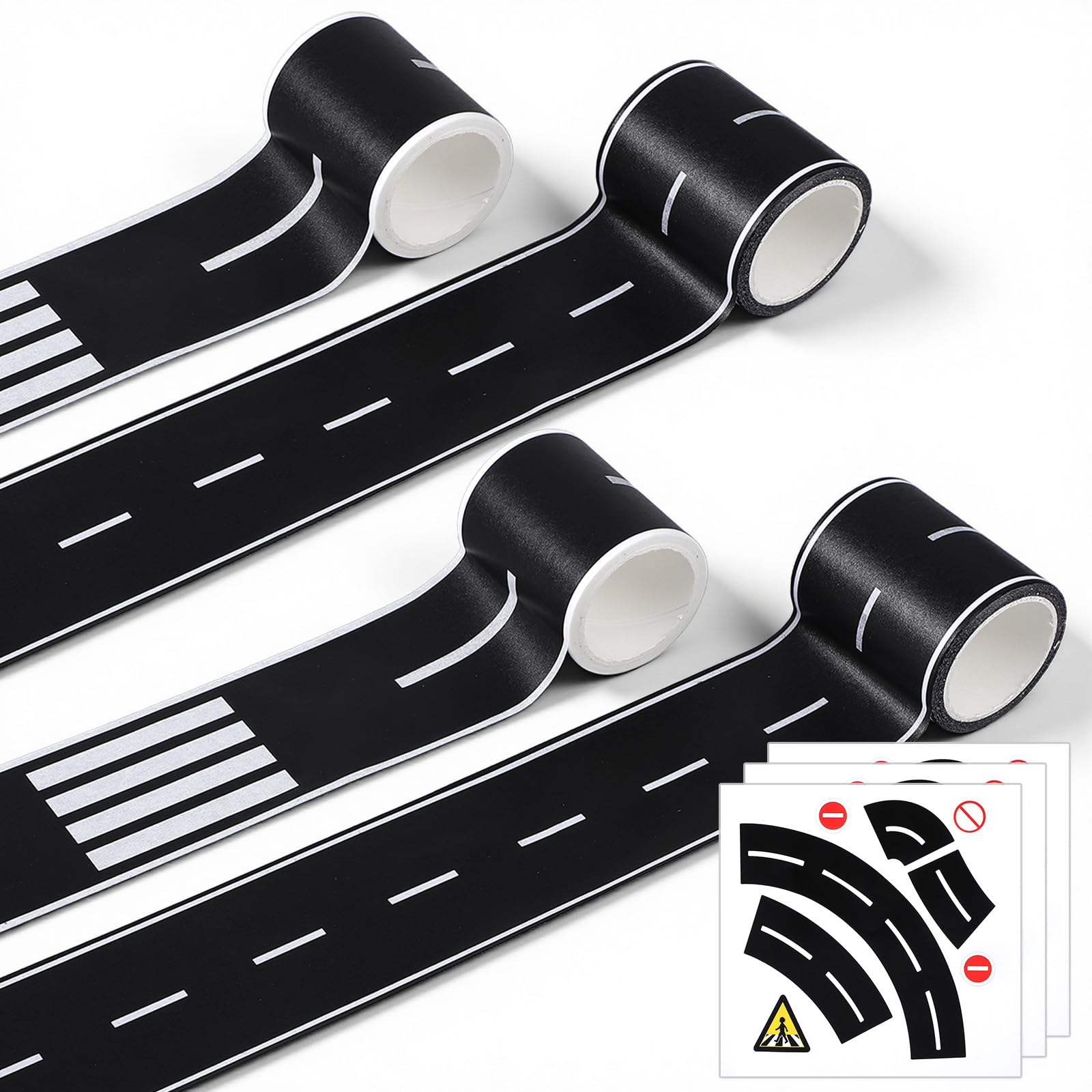 4 Roll Road Tape for Kids, 2 Inch Wide Car Track Tape with 3 Sheets Curves and Signs, Removable Road Sticker Tapes for Birthday Party Decoration DIY Crafts Imaginative Playtime Adventures