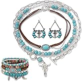 JRAIYBZ 3 Pcs Western Jewelry for Women,Bohemian Turquoise Dangle Earrings,Bullhead Pendant Layered Choker,Boho Faux Leather Wristband,Country Concert Cowgirl Accessories,Jewelry for Women