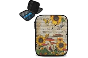 Kathyboom Retro Mushroom Sunflower Crochet Hook Case with Web Pocket Knitting Needle Case Portable Crochet Storage Organizer 
