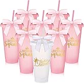 Jingmore 8 Set Birthday Party Glitter Tumblers 24 oz Birthday Squad Queen Plastic Tumblers with Lid Straw and Twist Bow for Squad Party Favor Decorations for Women (White,Pink)