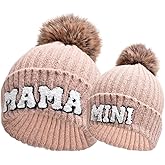 Kunyeah 2PCS Parent-Child Beanie Hat Women Embroidery Knitted Hat Mama and Baby Matching Hats Winter Warm Cap with Pom-Pom
