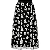 Women's Halloween Tulle Midi Skirt, Flocked Print Witch Costume Skirt | Halloween Tulle Skirt With Flocked Print, Double-Layer Mesh, and Elastic Waist. Perfect for Witch Costumes and Parties