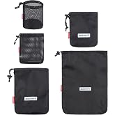 REDCAMP 5PCS Small Ditty Bags Set for Backpacking, Ultralight Nylon Mesh Drawstring Stuff Sack Assortment Storage Pouch Bags for Outdoor Camping Indoor Home, Black Red Green Grey Orange