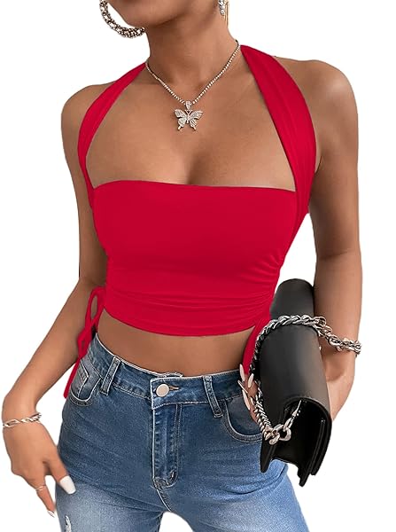 REMIDOO WOMEN’S SLEEVELESS HALTER CROP TOP TIE BACK DRAWSTRING SIDE CAMI TOPS RED SMALL