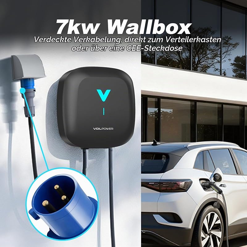 Wallbox 7.4kW mit APP, Typ 2 Ladekabel, 1-Phase 6-32A EV-Ladegerät, 6m Kabel mit Kabelhalter, RCD Typ A & IP67, Ladestation mit WLAN & Bluetooth, für Zuhause für BEV PHEV