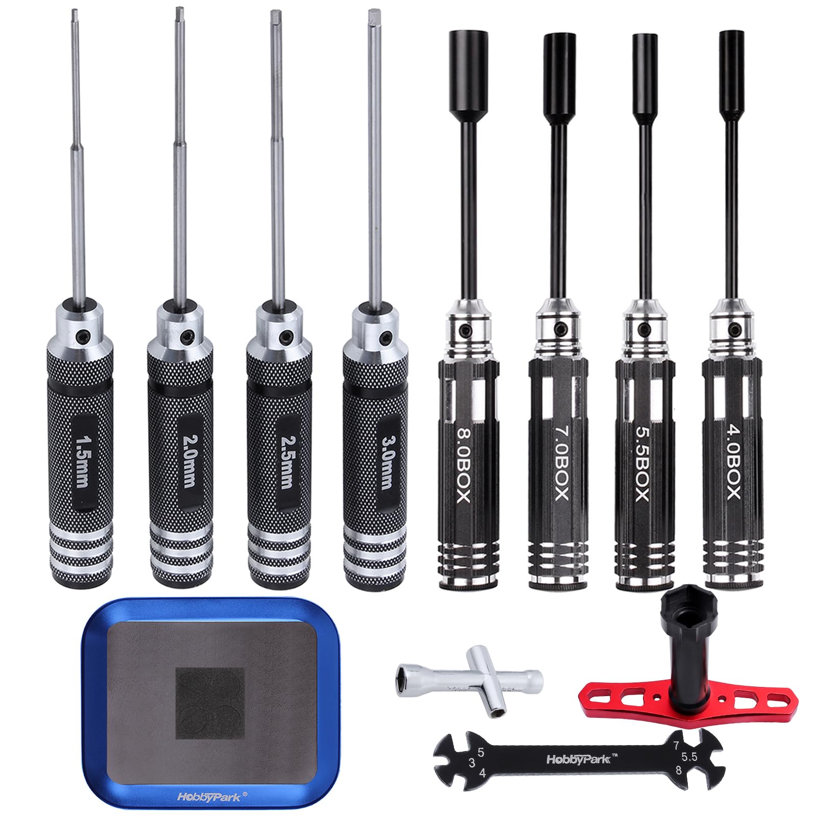 Photo 1 of HobbyPark Hex Driver Set (1.5mm 2.0mm 2.5mm 3.0mm), Hex Nut Driver Set(4.0/5.5/7.0/8.0mm) Screwdriver Kit, 17mm Wheel Wrench, RC Screw Tray, Turnbuckle Wrench, RC Repair Tools Kit for RC Cars