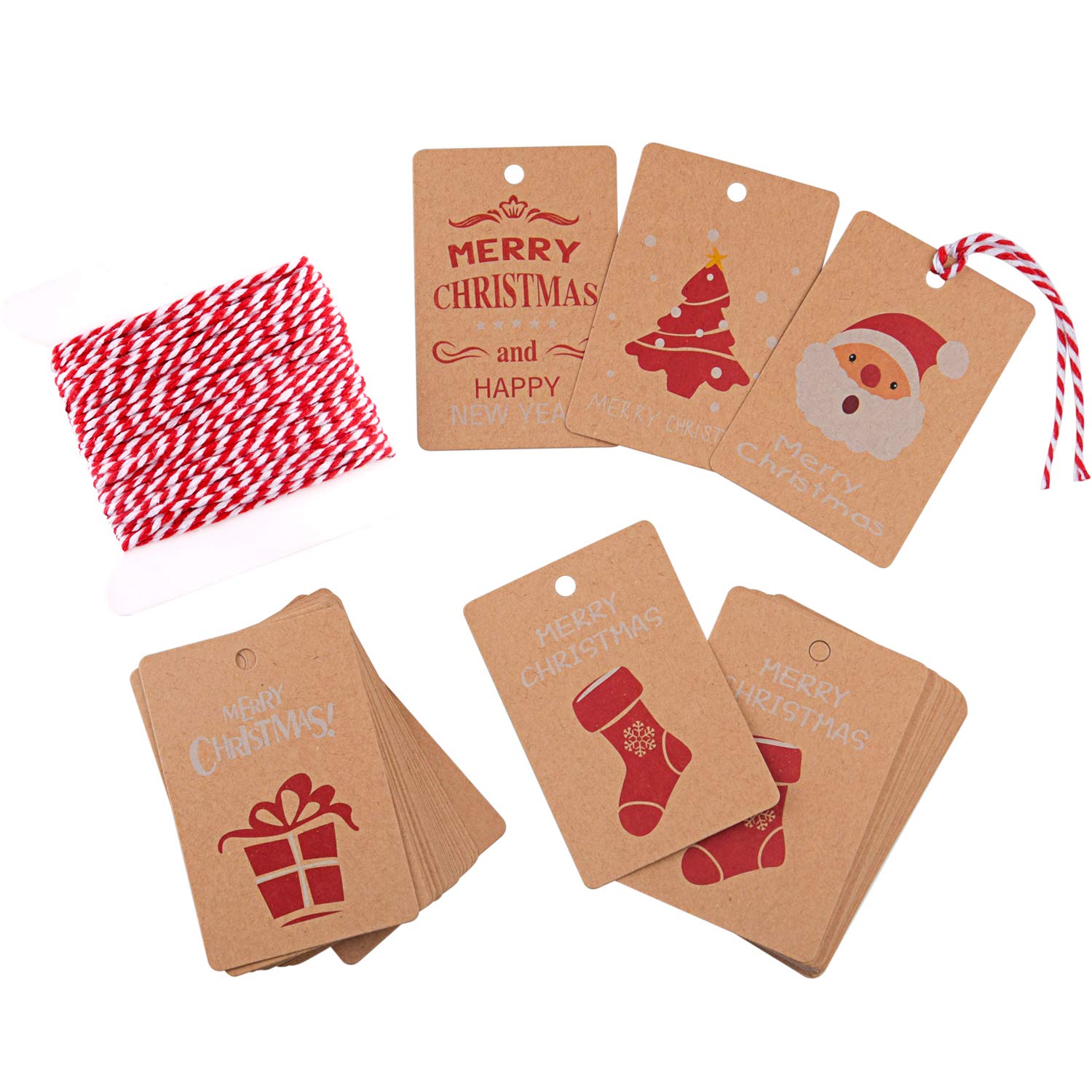FEPITO 50Pcs Christmas Tags Paper Gift Cards with Hanging Rope for Christmas Wrapping Label, 5 Christmas Design