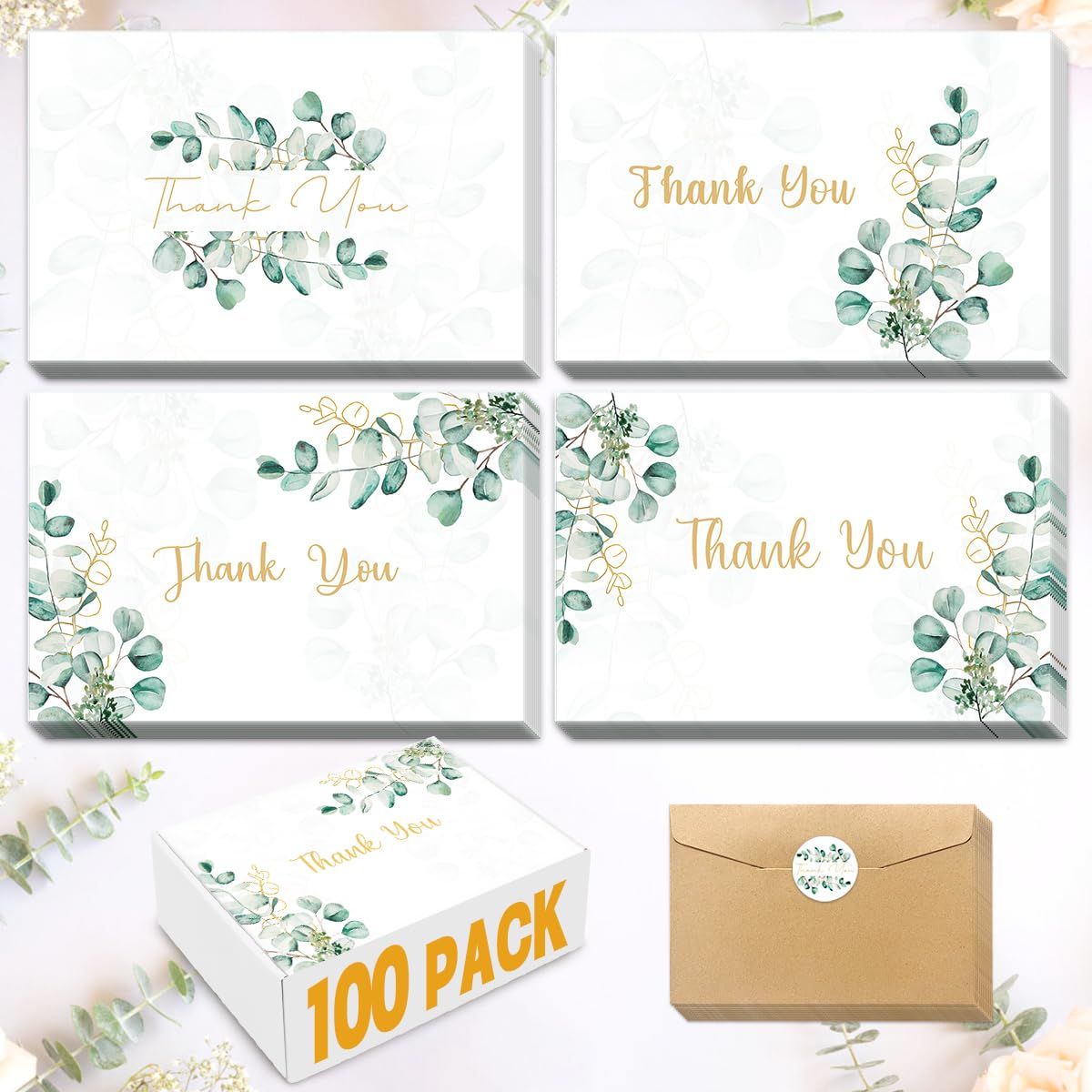 Photo 1 of 100PK Thank You Cards With Envelopes Bulk: 4x6 Blank Thank You Notes & Stickers Baby Shower Wedding Small Business - Floral Leaves Teacher Appreciation Gift for Graduation Kids Birthday Bridal (100 PACK)