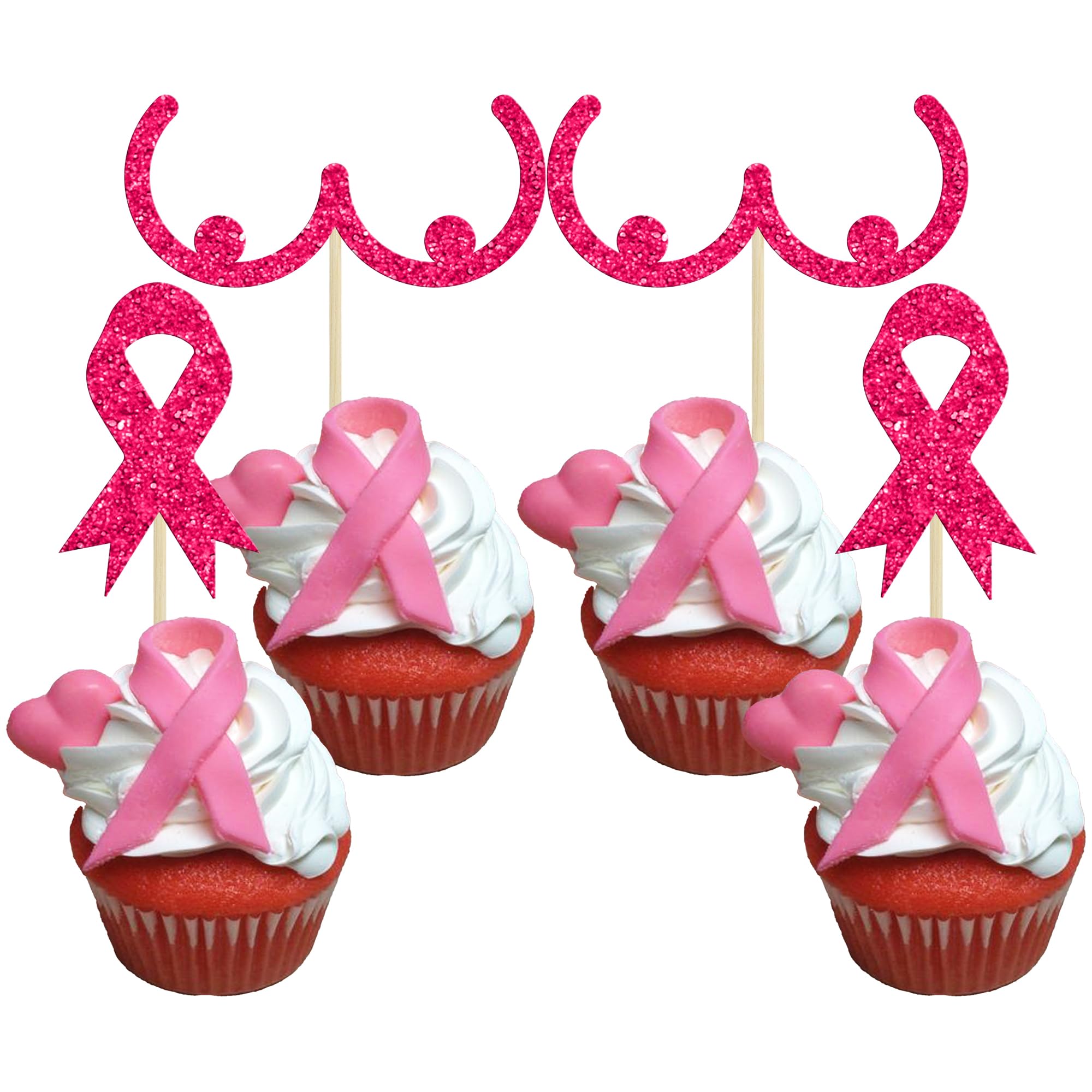 Gyufise 24Pcs Breast Cancer Awareness Cupcake Toppers Glitter Ribbon Fight Believe Hope Cupcake Picks Believe Hope Pink Ribbon Cupcake Decorations Party Supplies Rose Red