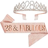 UVATAHONA 28th Birthday Sash and Tiara for Women, 28 & Fabulous Birthday Sash and Crown for Party Favors Supplies and Decorations, Rose Gold
