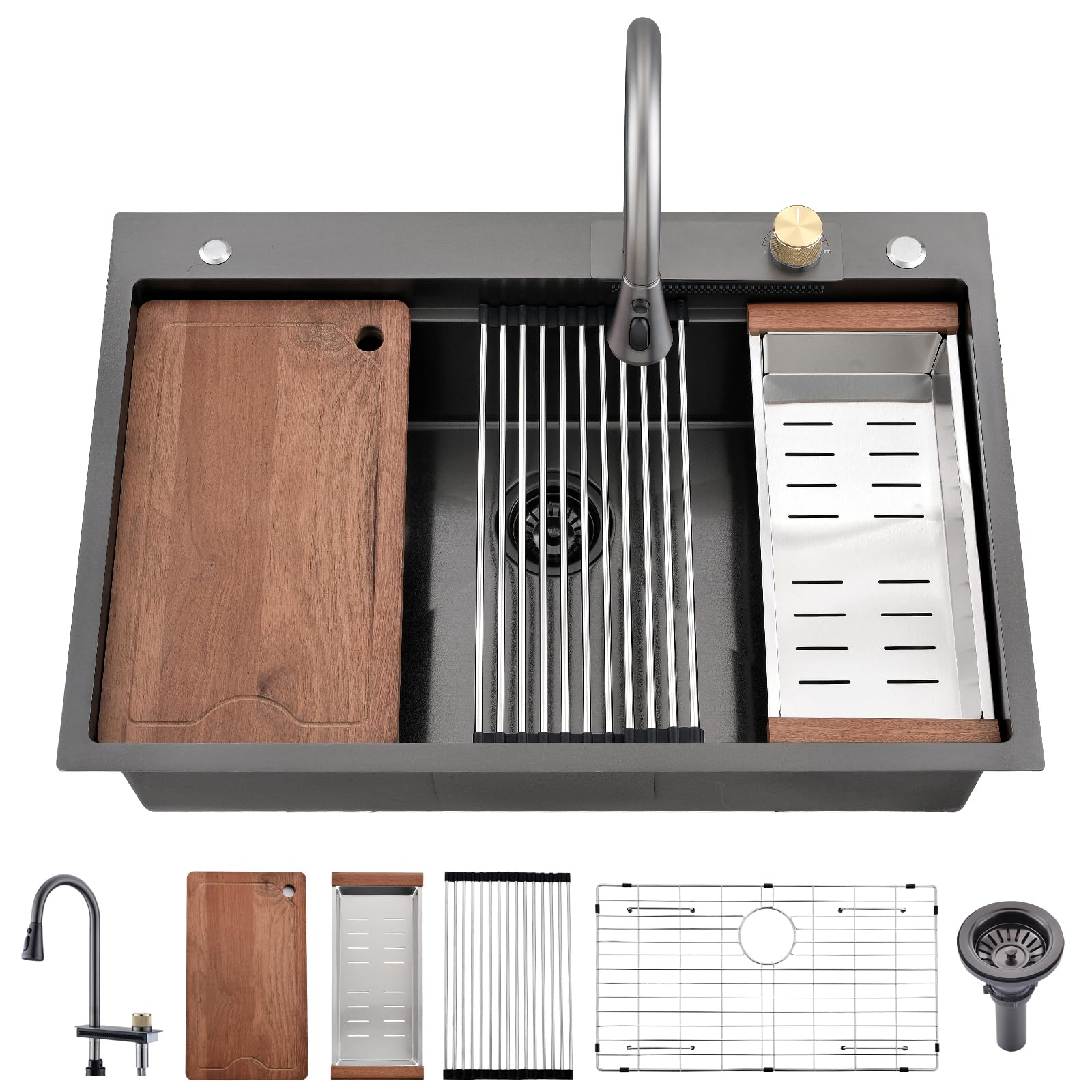 Photo 1 of **USED/DAMAGED FAUCET**SOMRXO 33x22 Drop In Kitchen Sink with Faucet Combo -33x22 Waterfall Kitchen Sink and Faucet Combo Set,16 Gauge Black Stainless Steel Waterfall Sink, 10" Deep Single Bowl Workstation Sinks