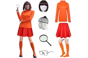 FIHCH Halloween Costumes Woman 2024 Orange Turtleneck Top,Red Skirt,Brown Bob Wig,Magnifying Glass,Socks and Glasses