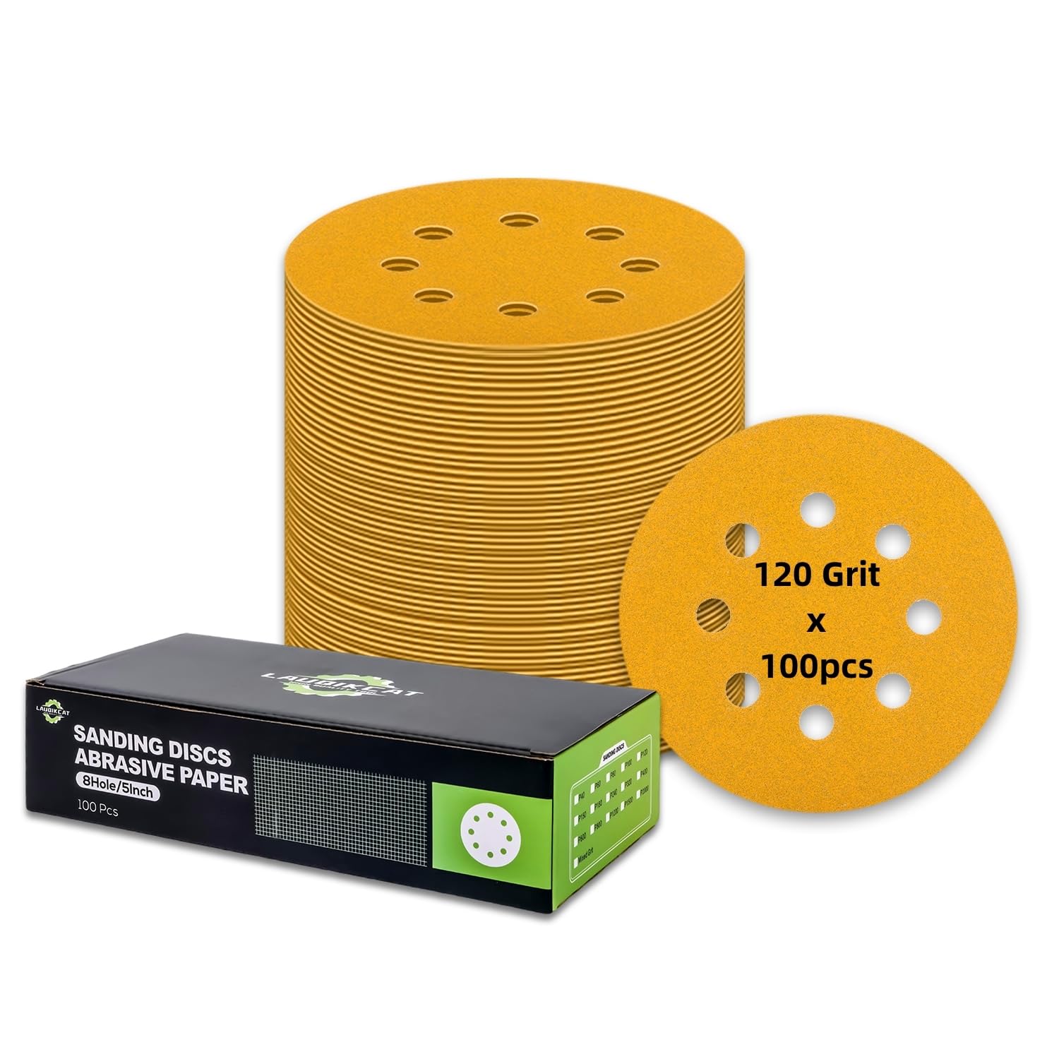 100 pcs Sanding Discs - 5 inch/125 mm, 8 Holes, Hook and Loop Sanding Pads for Random Orbital Sanders,Yellow-120 Grit — image 1