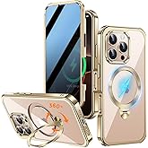 Upholyee [360° Rotatable CD Stand & Built-in Privacy Screen Magnetic Case for iPhone 16 Pro Max[Compatible with MagSafe&Full Signal] Mil-Grade Shockproof Full Body Anti-Spy Cover for 16 Pro Max-Gold