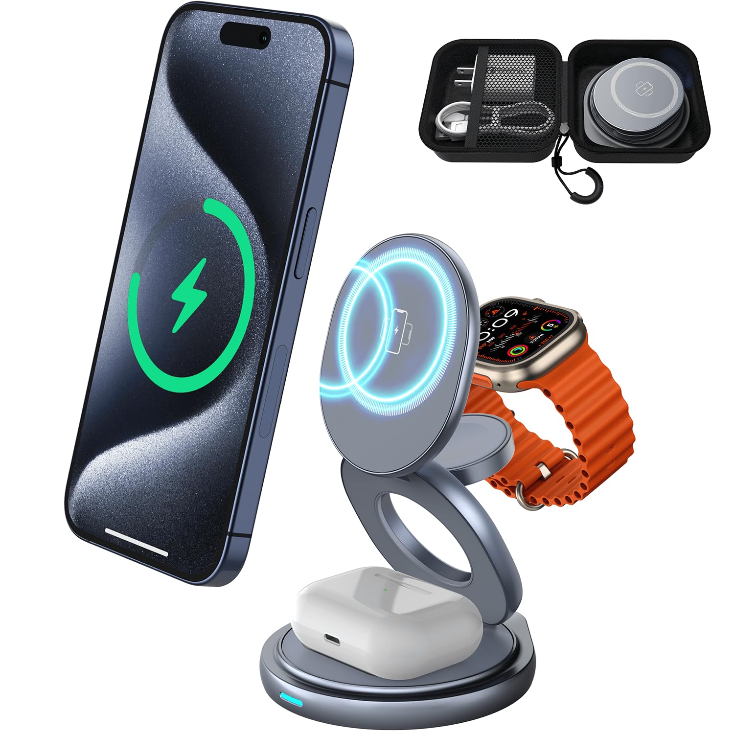 Photo 1 of 3 in 1 Wireless Charging Station for Apple Travel Charger for Multiple Devices Aluminum Alloy Foldable Magnetic Magsafe Charger 360 Rotating for iPhone 16/15/14/13/12 Series,for iWatch,for Airpods