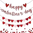 Happy Valentines Day Banner, 4 PCS Red Glittery Heart Garland Valentines Day Garland for Valentines Day Party Decorations, We