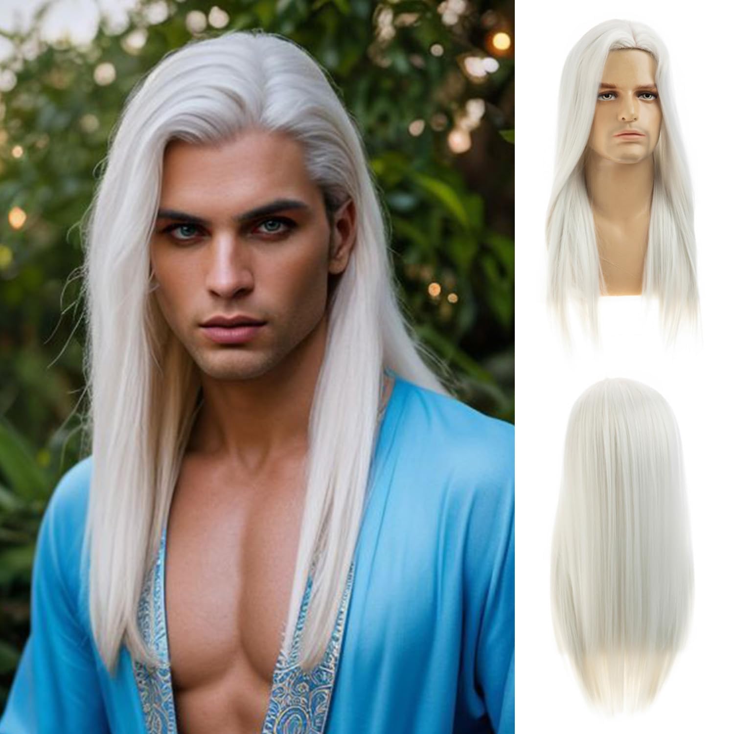 Beweig Mens Long White Wig Long Straight Wig for Men Middle Part Synthetic Heat Resistant Hair Wigs for Daily Party Costume Halloween