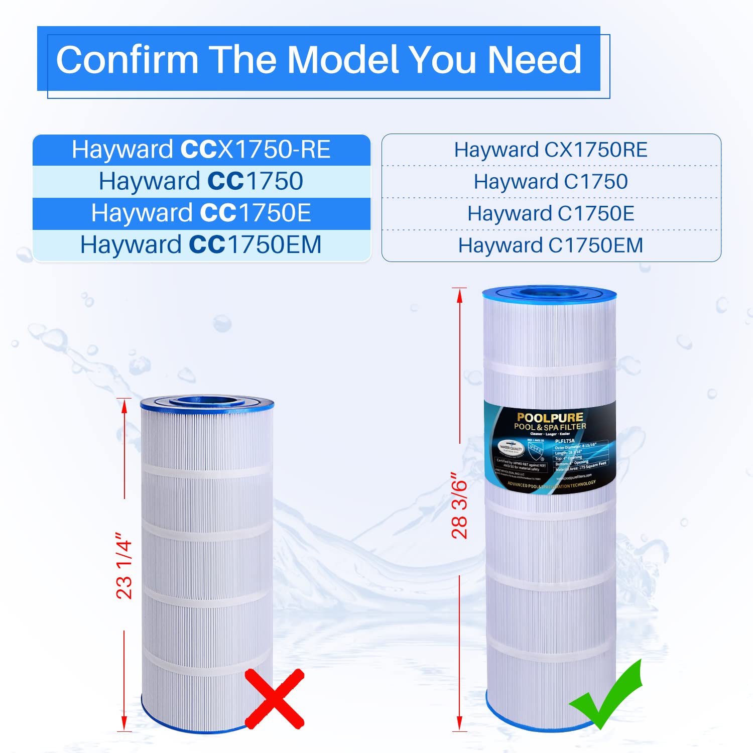 POOLPURE PLF175A Pool Filter Replaces Hayward C1750, CX1750RE, PA175, Ultral-B4, Unicel C-8417, Filbur FC-1294, Sta-Rite PXC175, 817-0175P, L x OD: 28 3/16
