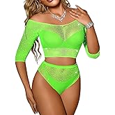 EHSUYAB Sexy Womens Fishnet Bodysuit, Rhinestone Top Off The Shoulder Mesh 2 Piece Lingerie, Rave Exotic Dancer Outfits Club