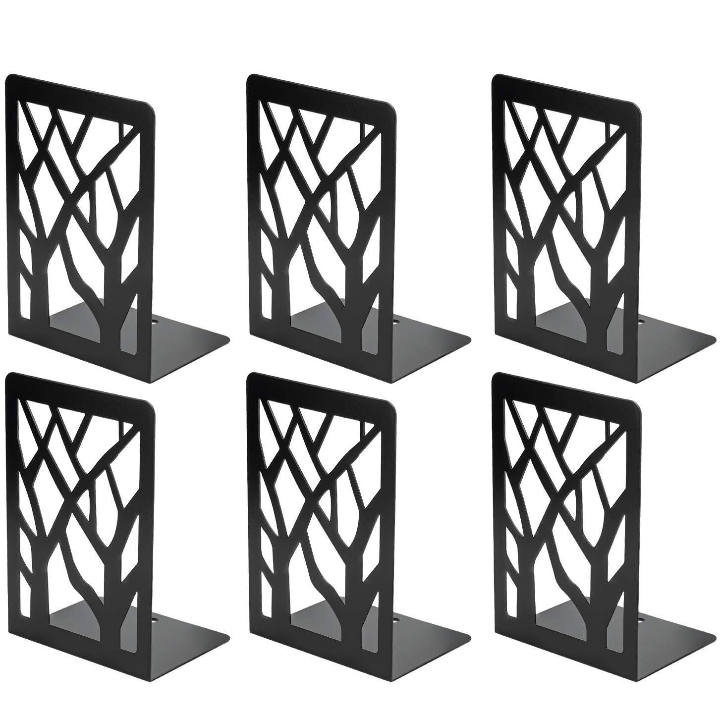 MaxGear Book Ends Tree Design Modern Bookends for Shelves, Non-Skid Bookend, Heavy Duty Metal Book Stopper for Books/CDs, Decorative Books Shelf for Home,7 x 4.7 x 3.5”, Black, 3 Pair/6 Pieces, Large