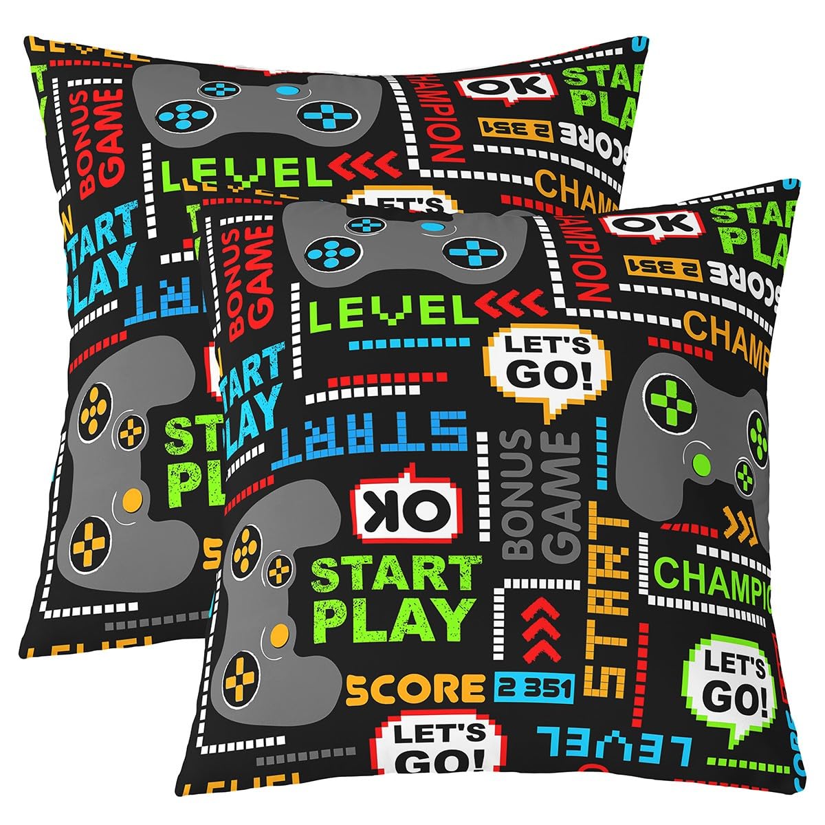 Pack of 2 Gamer Decorative Throw Pillow Covers Soft Gaming Gamepad Square Cushion Case Set for Living Room Game Room Decor Colorful Game Console Controller Pillow Cases Pillowcases 20x20 Inch